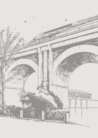 Gezeichnetes Viadukut Aachen mit Sicht auf Dachgeschoss zu Mirkas Yogahäuschen mit Logo